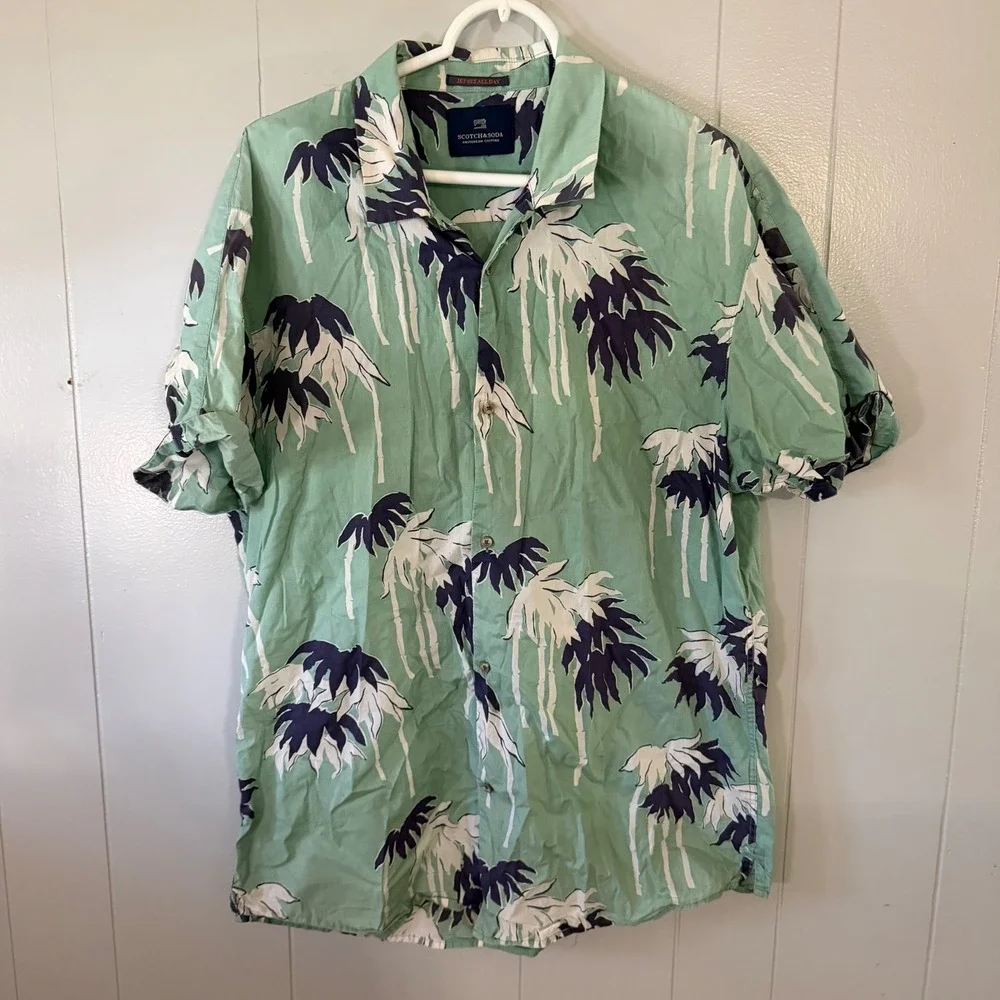 Scotch & Soda Button Down Shirt Mens XXL Green Palm Tree Print Short‎ Sleeve